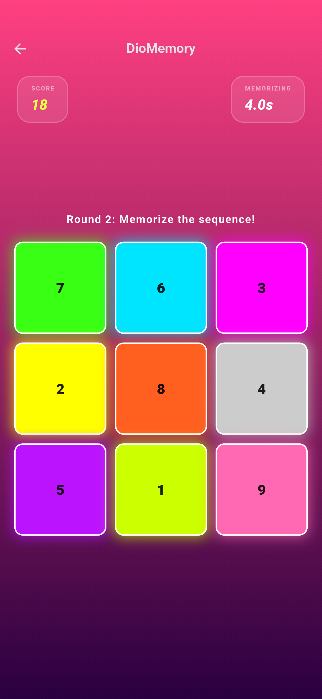 DioMemory game screen